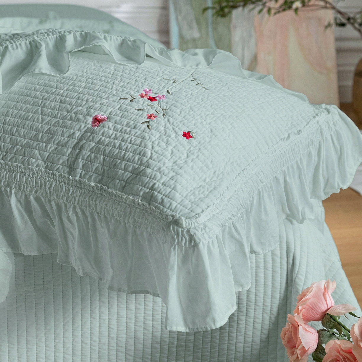 91家纺网 家纺一手货源 找家纺 上喜 2026新款韩国细纱棉床盖三件套多功能夏被四件套 浅蓝色