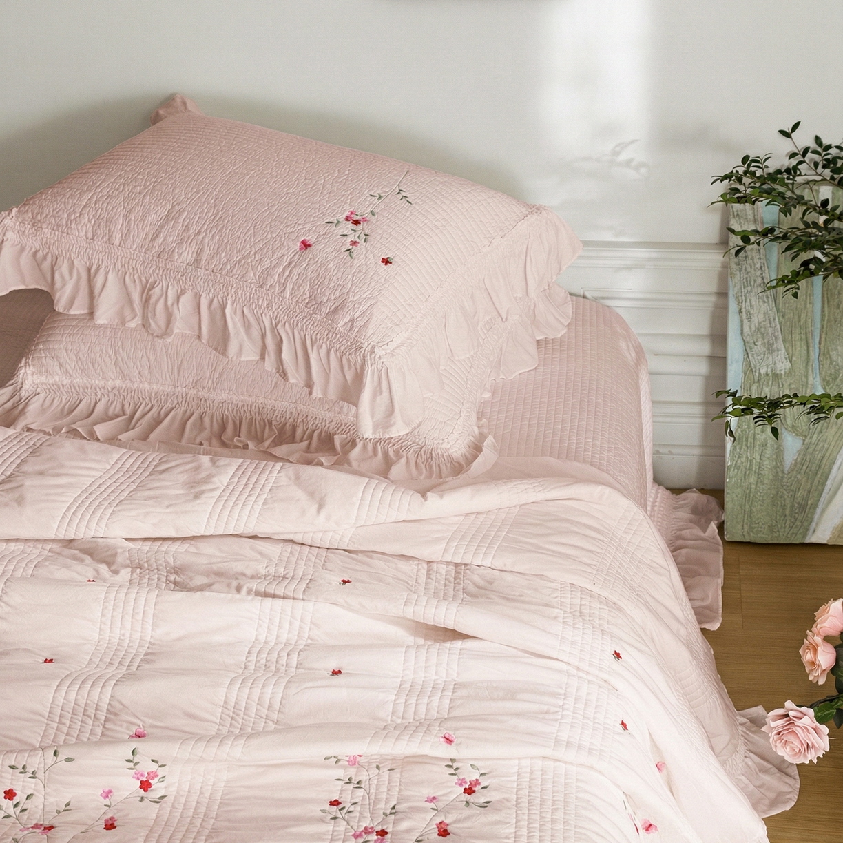 91家纺网 家纺一手货源 找家纺 上喜 2026新款韩国细纱棉床盖三件套多功能夏被四件套 浅粉色