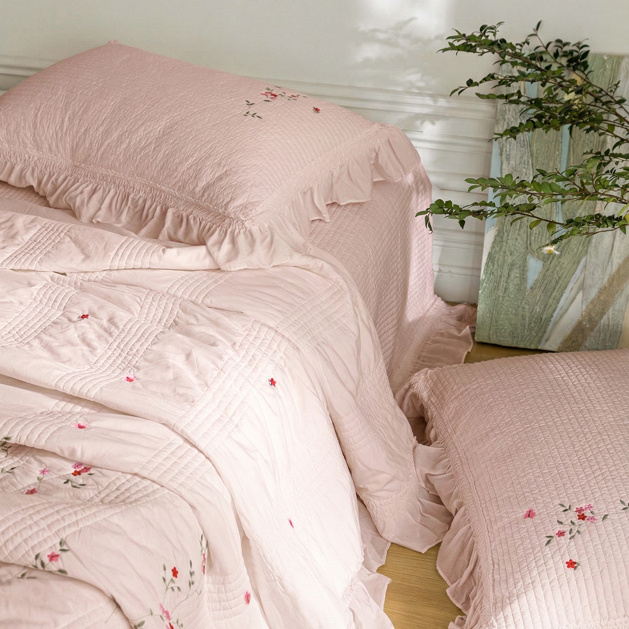 91家纺网 家纺一手货源 找家纺 上喜 2026新款韩国细纱棉床盖三件套多功能夏被四件套 浅粉色