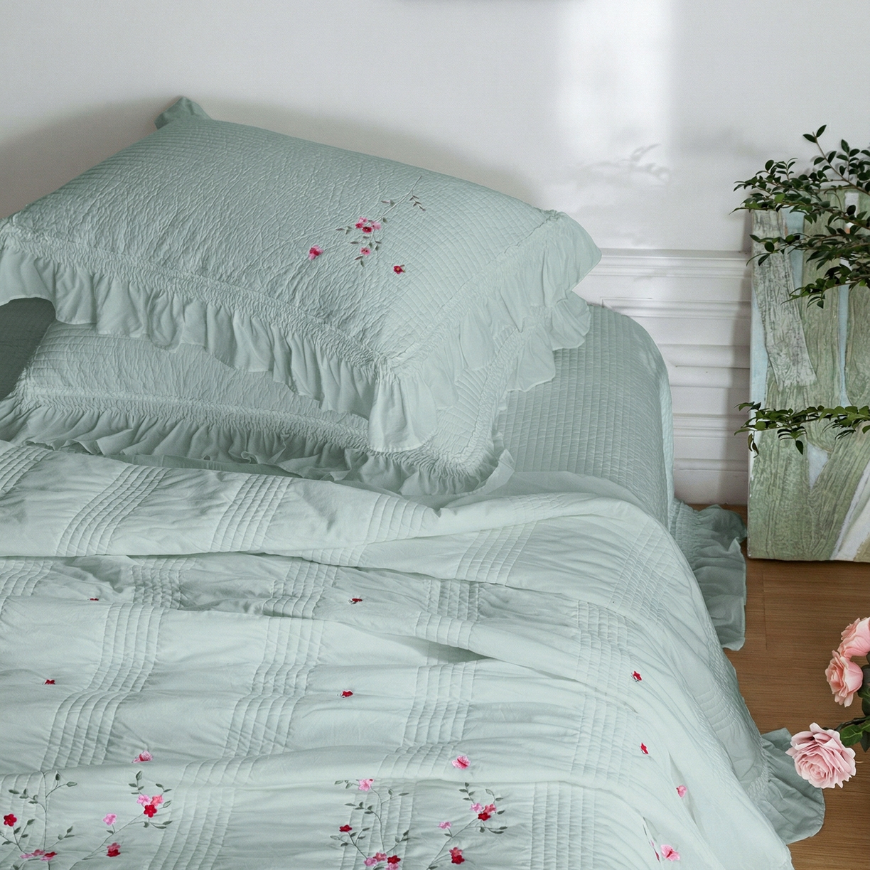 91家纺网 家纺一手货源 找家纺 上喜 2026新款韩国细纱棉床盖三件套多功能夏被四件套 浅蓝色