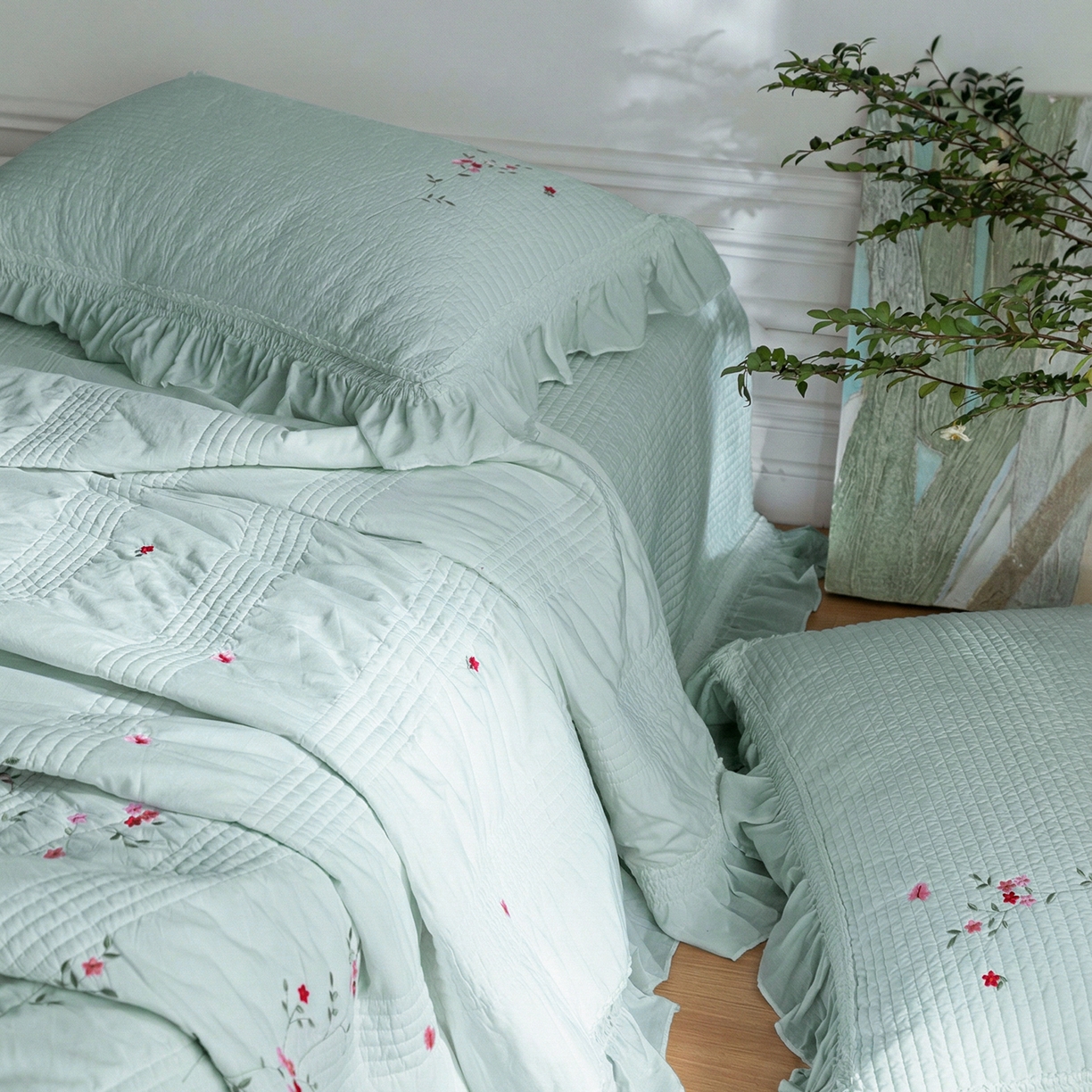 91家纺网 家纺一手货源 找家纺 上喜 2026新款韩国细纱棉床盖三件套多功能夏被四件套 浅蓝色