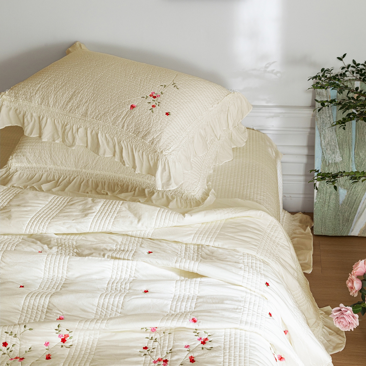 91家纺网 家纺一手货源 找家纺 上喜 2026新款韩国细纱棉床盖三件套多功能夏被四件套 浅黄色