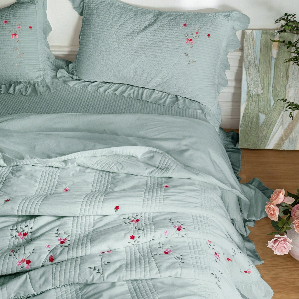 91家纺网 家纺一手货源 找家纺 上喜 2026新款韩国细纱棉床盖三件套多功能夏被四件套 浅蓝色