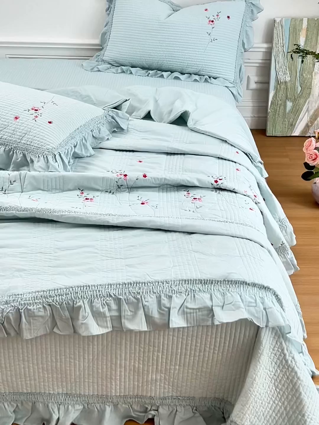 91家纺网 家纺一手货源 找家纺 上喜 2026新款韩国细纱棉床盖三件套多功能夏被四件套 浅蓝色