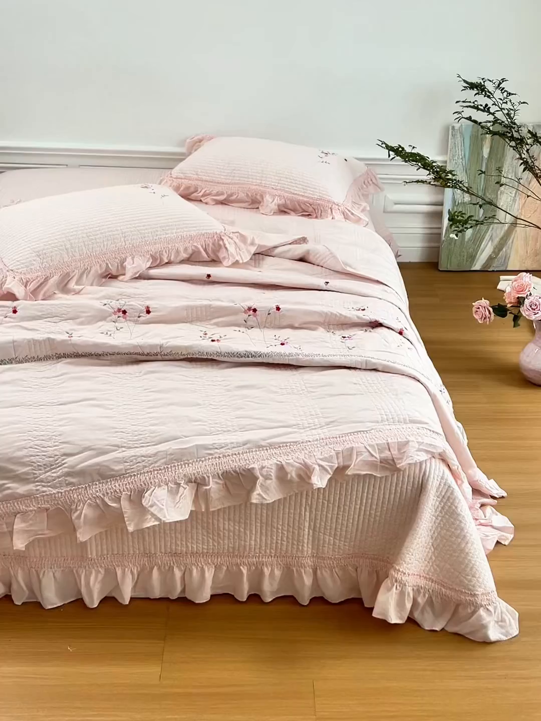 91家纺网 家纺一手货源 找家纺 上喜 2026新款韩国细纱棉床盖三件套多功能夏被四件套 浅粉色