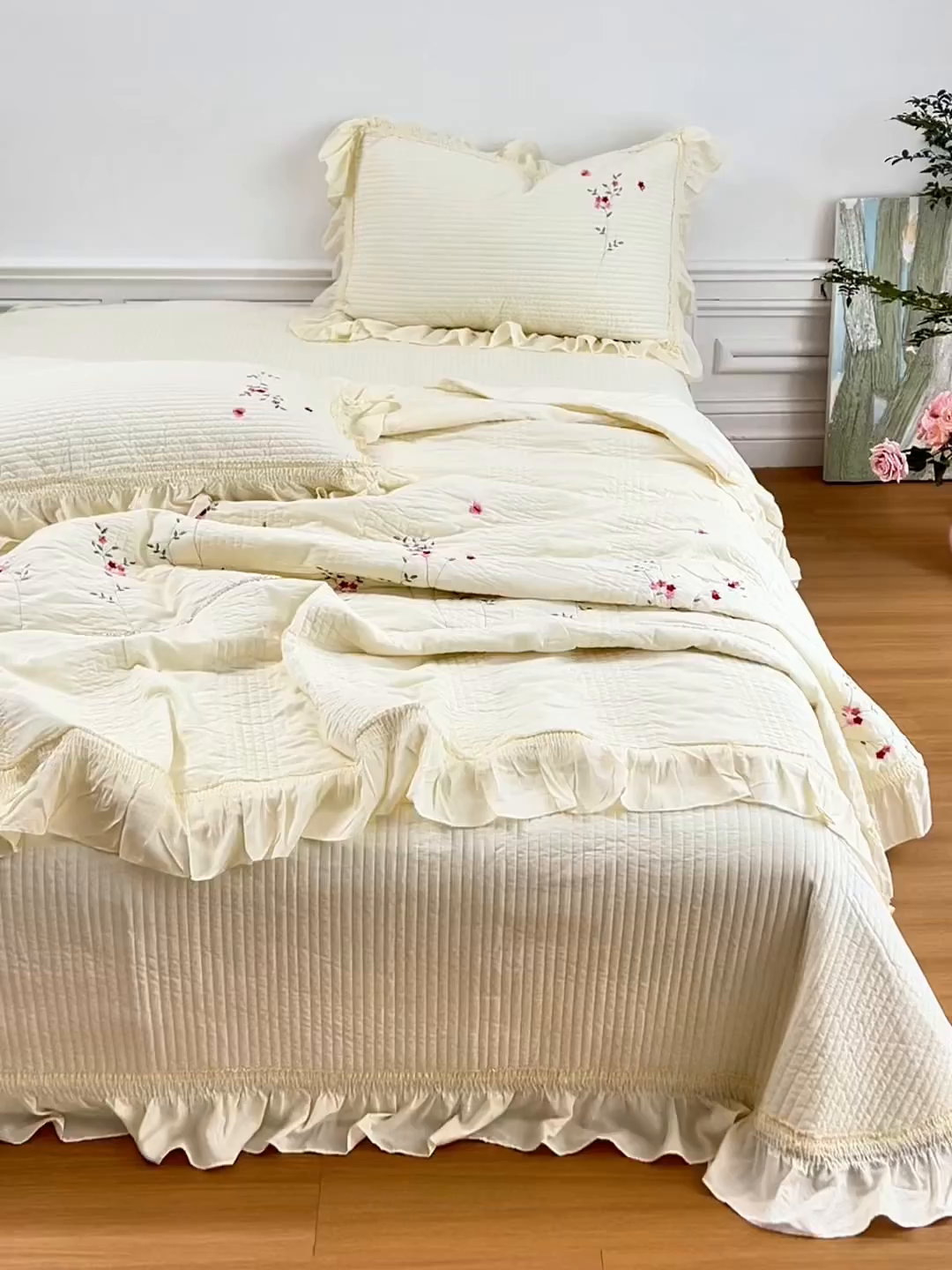 91家纺网 家纺一手货源 找家纺 上喜 2026新款韩国细纱棉床盖三件套多功能夏被四件套 浅黄色