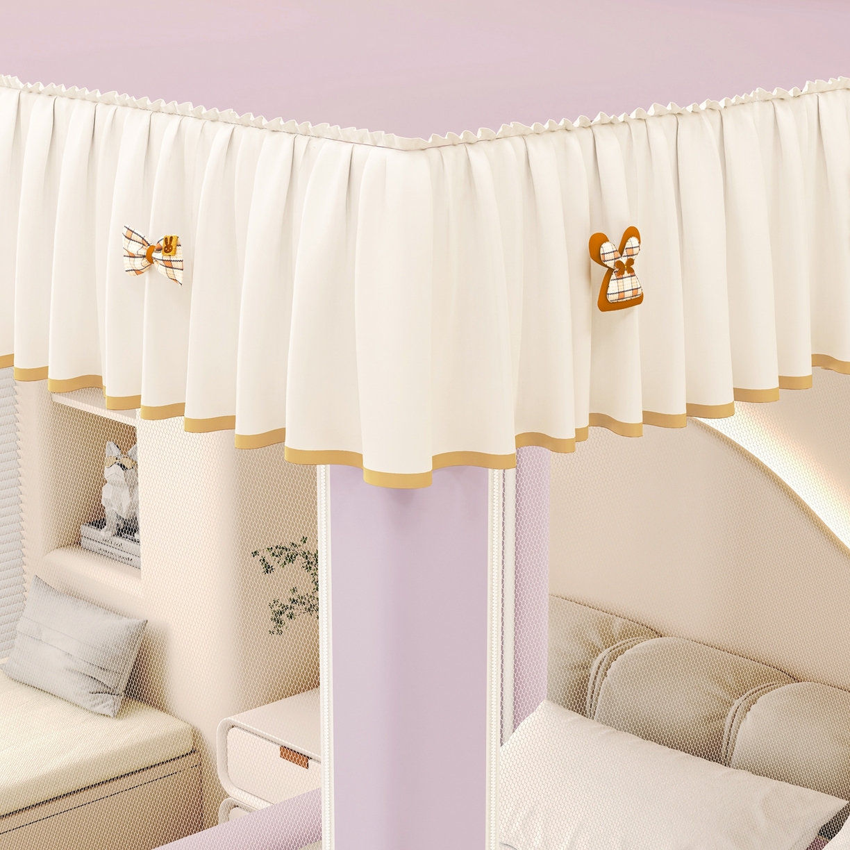 91家纺网 家纺一手货源 找家纺 初心家纺 2026春夏新款DIY小熊防尘顶遮光坐床蚊帐 浅紫  (五面遮光）