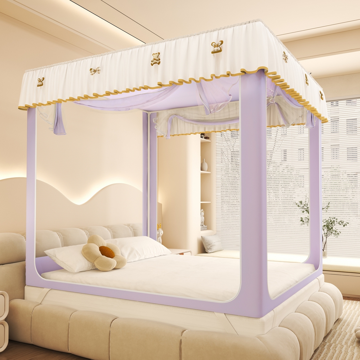 91家纺网 家纺一手货源 找家纺 初心家纺 2026春夏新款DIY小熊防尘顶遮光坐床蚊帐 浅紫  (五面遮光）