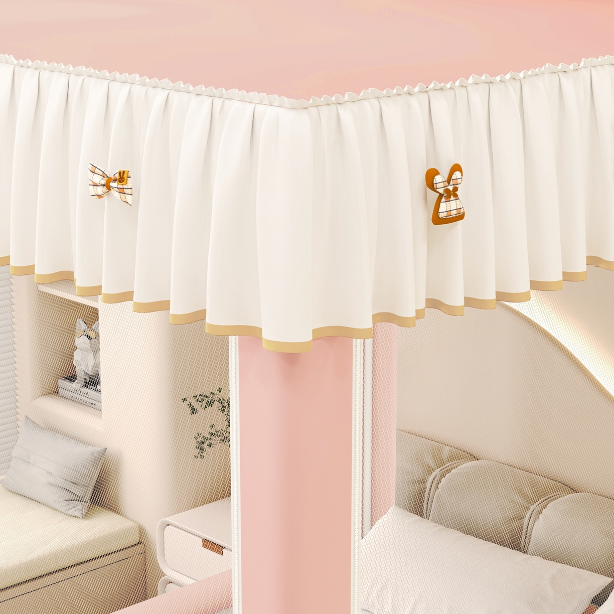 91家纺网 家纺一手货源 找家纺 （总）初心家纺 2026春夏新款DIY小熊防尘顶遮光坐床蚊帐