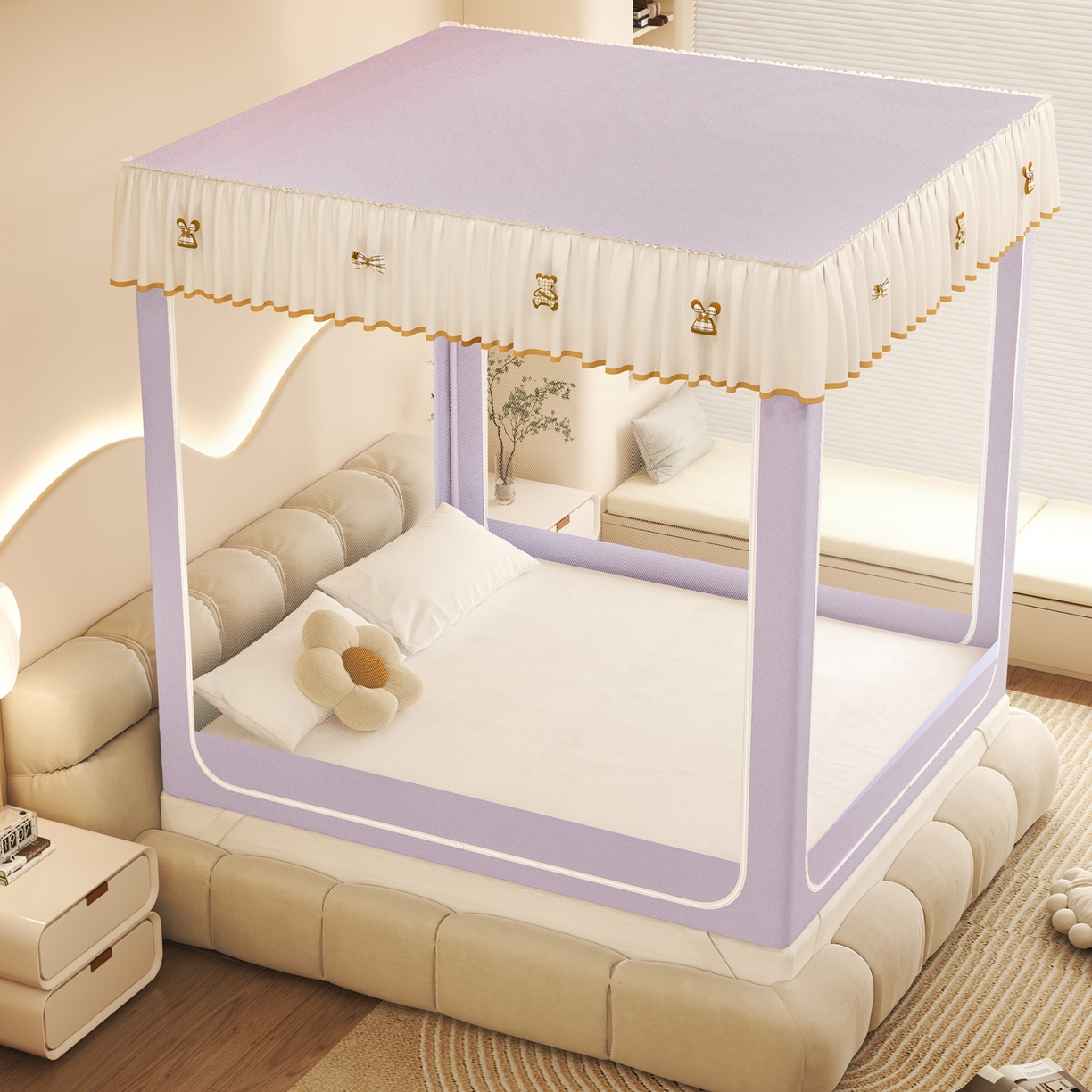 91家纺网 家纺一手货源 找家纺 （总）初心家纺 2026春夏新款DIY小熊防尘顶遮光坐床蚊帐