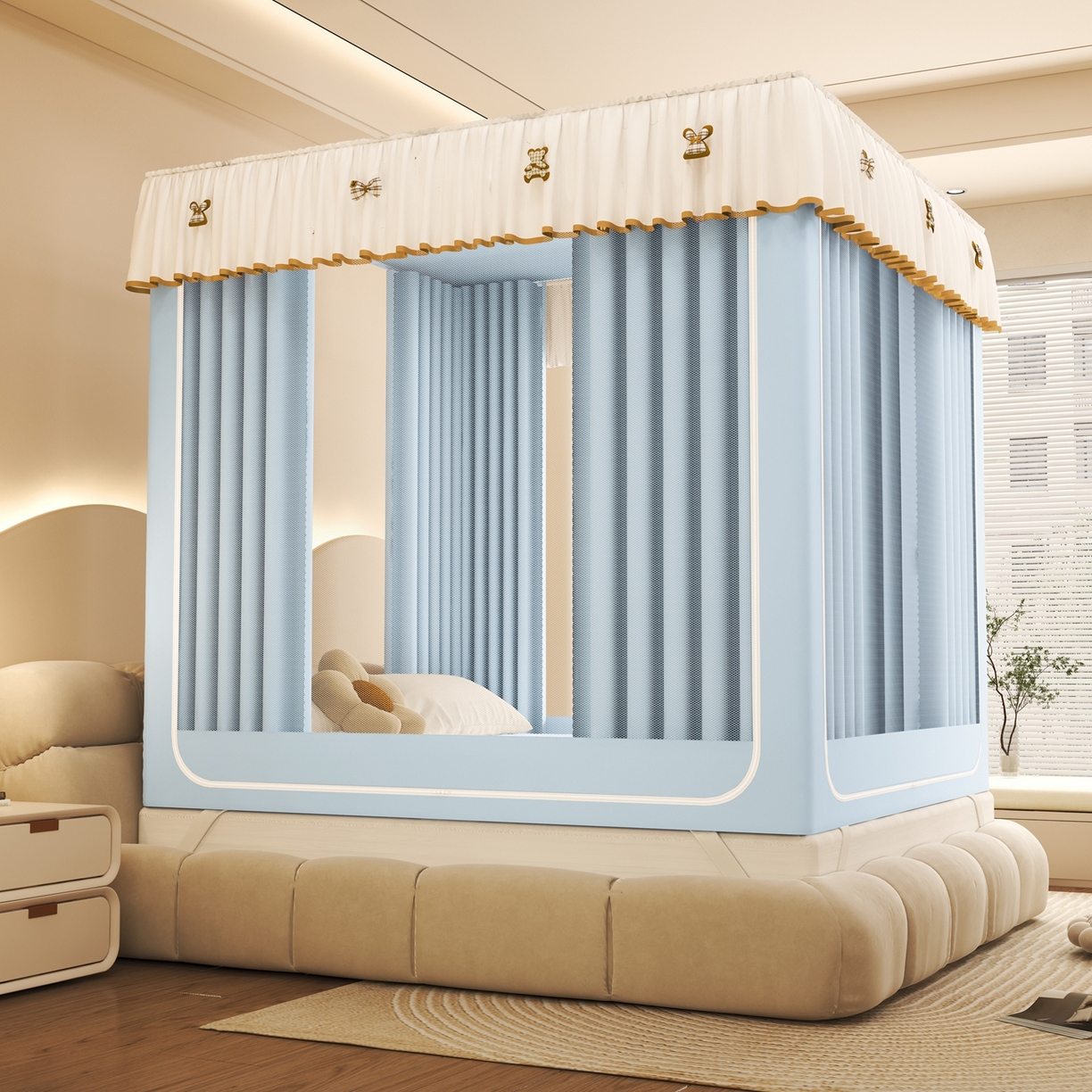 初心家纺 2026春夏新款DIY小熊防尘顶遮光坐床蚊帐 天蓝  (五面遮光）