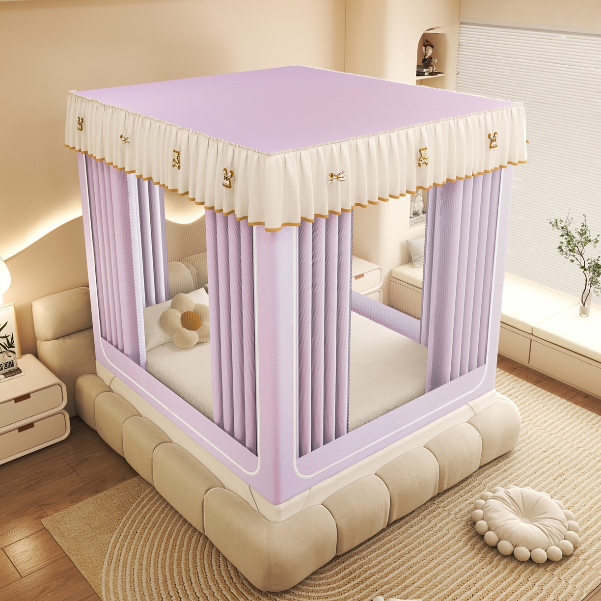 91家纺网 家纺一手货源 找家纺 初心家纺 2026春夏新款DIY小熊防尘顶遮光坐床蚊帐 浅紫  (五面遮光）