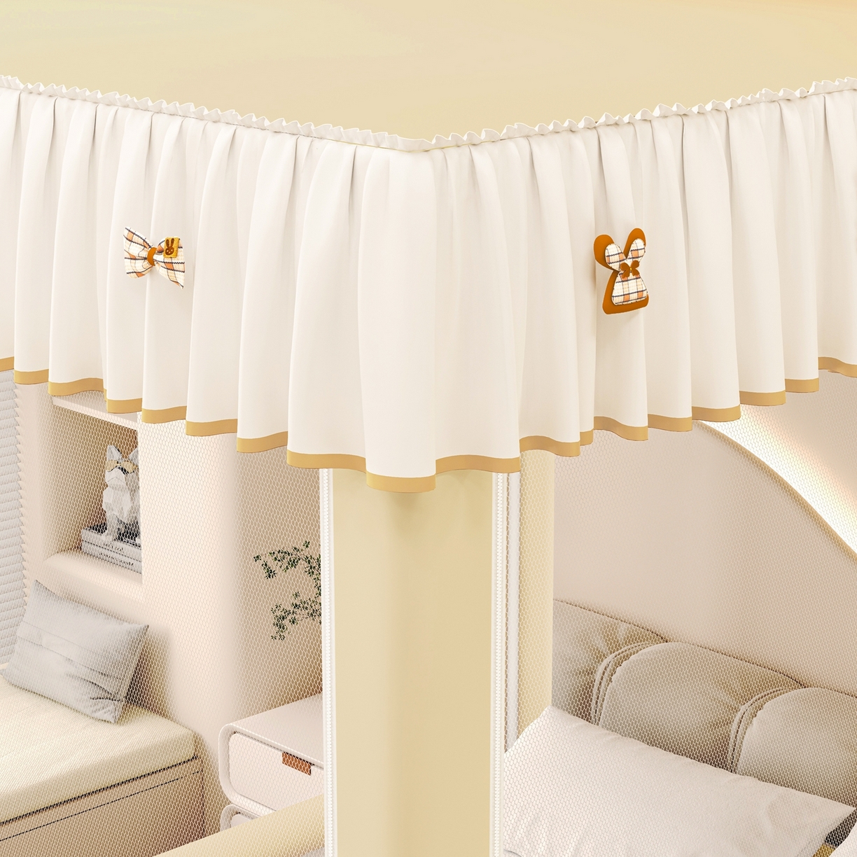 91家纺网 家纺一手货源 找家纺 初心家纺 2026春夏新款DIY小熊防尘顶遮光坐床蚊帐 米黄（防尘顶无帘）