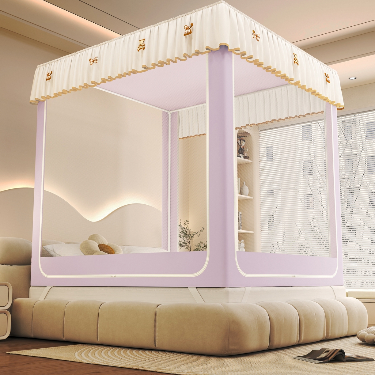 91家纺网 家纺一手货源 找家纺 初心家纺 2026春夏新款DIY小熊防尘顶遮光坐床蚊帐 浅紫  (五面遮光）