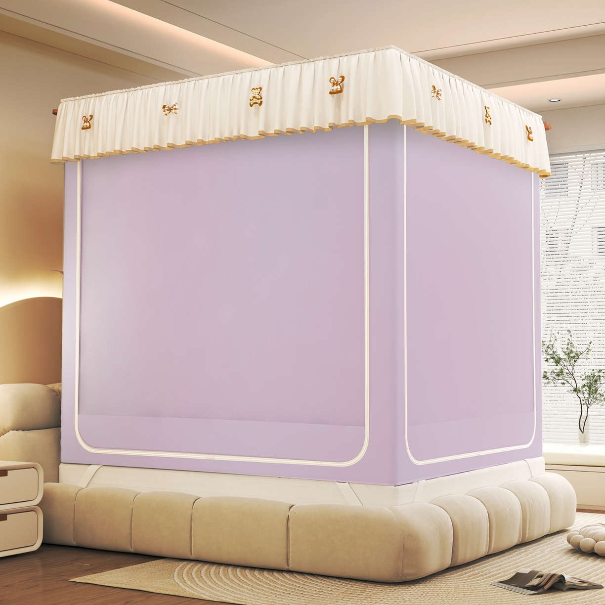 91家纺网 家纺一手货源 找家纺 初心家纺 2026春夏新款DIY小熊防尘顶遮光坐床蚊帐 浅紫  (五面遮光）