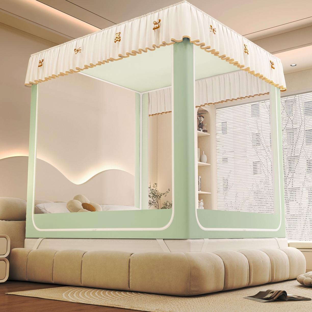 91家纺网 家纺一手货源 找家纺 初心家纺 2026春夏新款DIY小熊防尘顶遮光坐床蚊帐 果绿  (五面遮光）