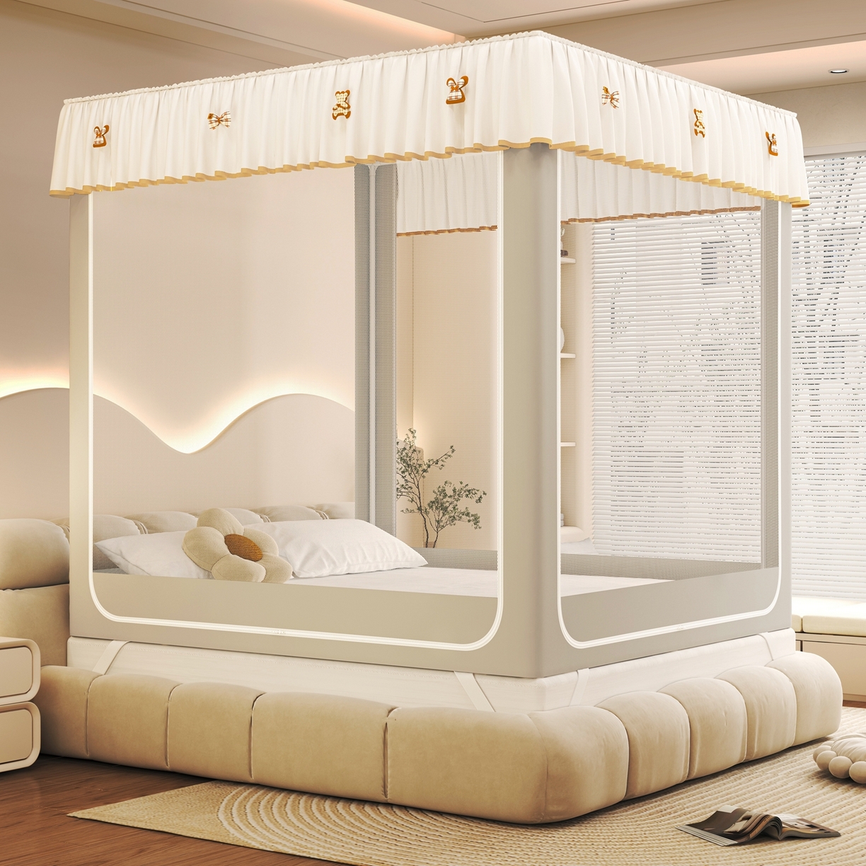 91家纺网 家纺一手货源 找家纺 初心家纺 2026春夏新款DIY小熊防尘顶遮光坐床蚊帐 浅灰（防尘顶无帘）