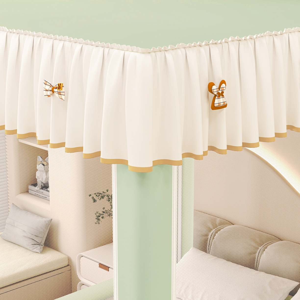 91家纺网 家纺一手货源 找家纺 初心家纺 2026春夏新款DIY小熊防尘顶遮光坐床蚊帐 果绿  (五面遮光）