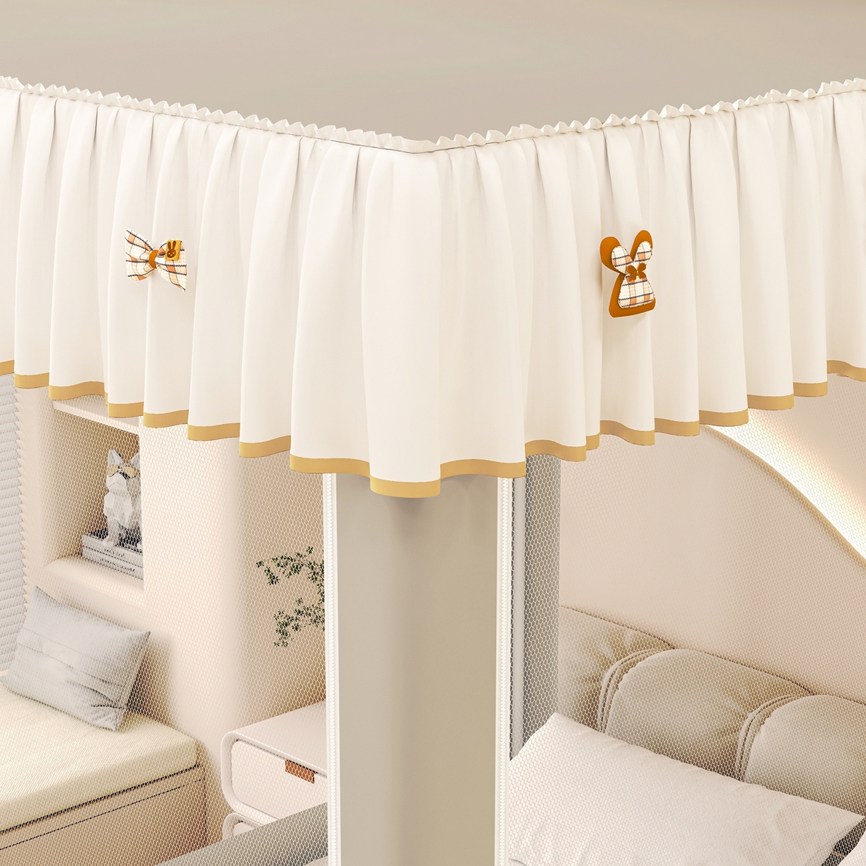 91家纺网 家纺一手货源 找家纺 初心家纺 2026春夏新款DIY小熊防尘顶遮光坐床蚊帐 浅灰（防尘顶无帘）