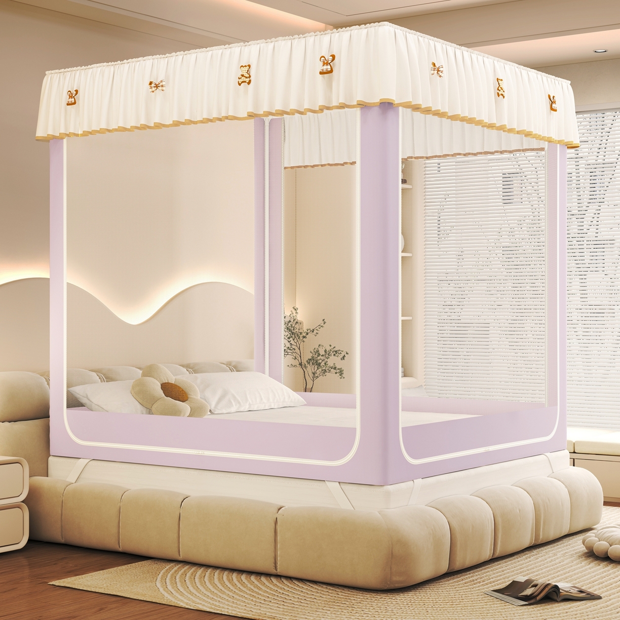 91家纺网 家纺一手货源 找家纺 初心家纺 2026春夏新款DIY小熊防尘顶遮光坐床蚊帐 浅紫（防尘顶无帘）