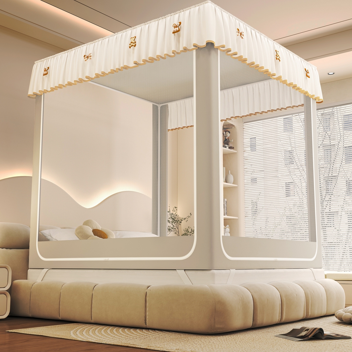 91家纺网 家纺一手货源 找家纺 初心家纺 2026春夏新款DIY小熊防尘顶遮光坐床蚊帐 浅灰  (五面遮光）