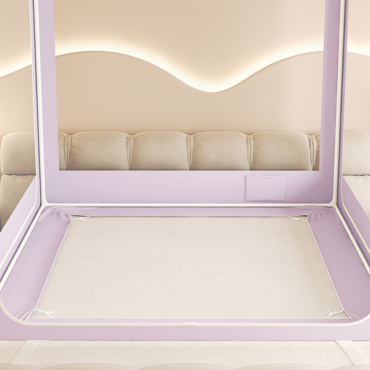 91家纺网 家纺一手货源 找家纺 初心家纺 2026春夏新款DIY小熊防尘顶遮光坐床蚊帐 浅紫（防尘顶无帘）