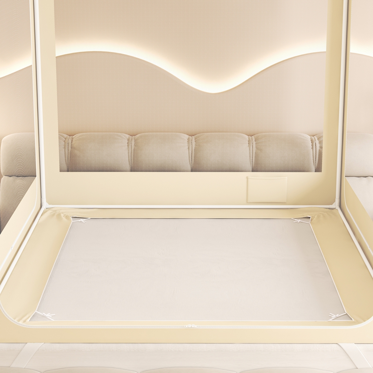 91家纺网 家纺一手货源 找家纺 初心家纺 2026春夏新款DIY小熊防尘顶遮光坐床蚊帐 米黄  (五面遮光）