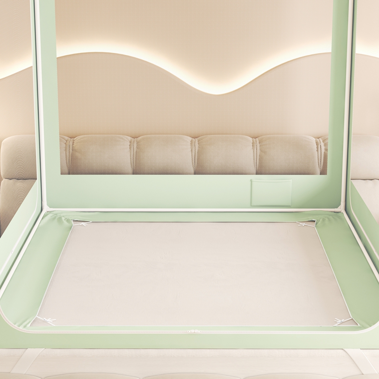 91家纺网 家纺一手货源 找家纺 初心家纺 2026春夏新款DIY小熊防尘顶遮光坐床蚊帐 果绿（防尘顶无帘）