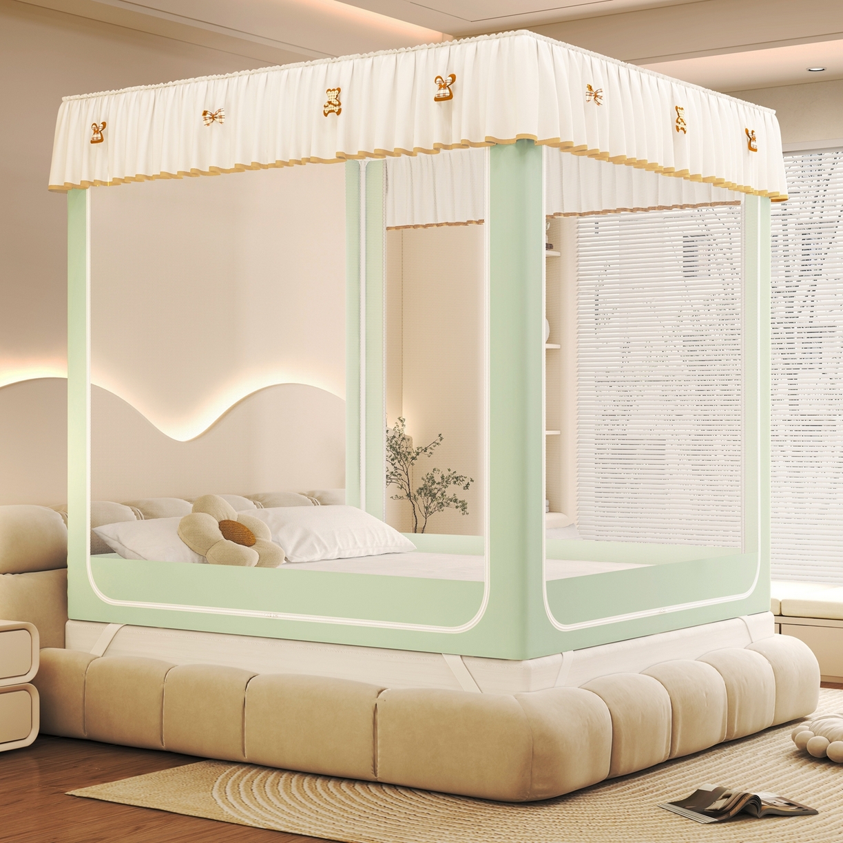 91家纺网 家纺一手货源 找家纺 初心家纺 2026春夏新款DIY小熊防尘顶遮光坐床蚊帐 果绿（防尘顶无帘）