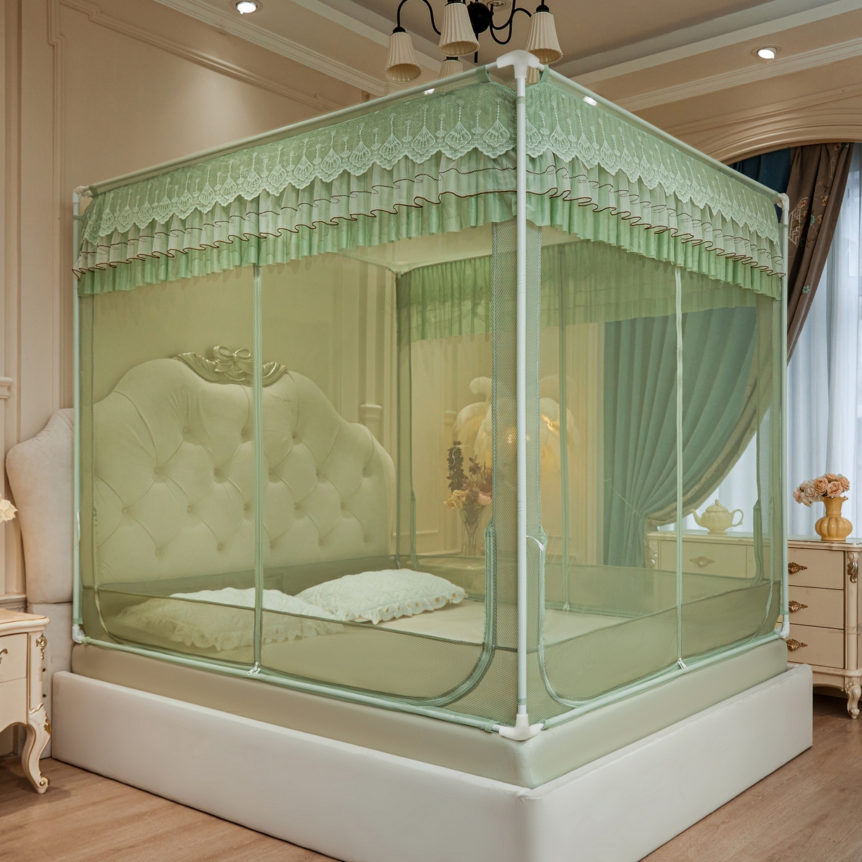 91家纺网 家纺一手货源 找家纺 （总）艺利轩蚊帐 2026新款双层花边三开门坐床蚊帐