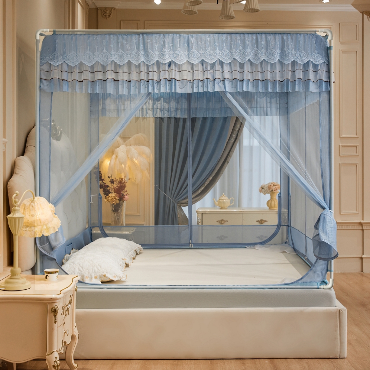 91家纺网 家纺一手货源 找家纺 （总）艺利轩蚊帐 2026新款双层花边三开门坐床蚊帐