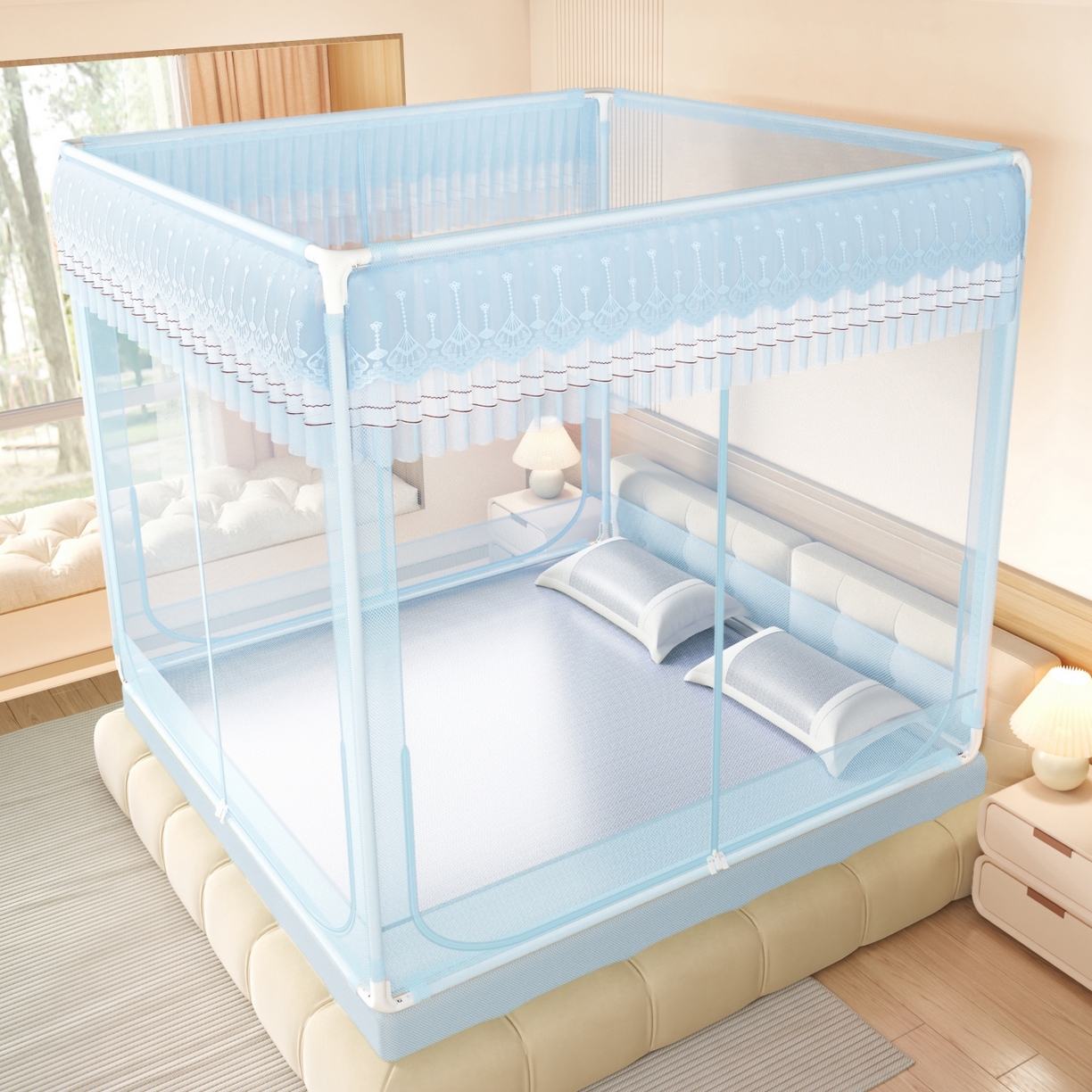 91家纺网 家纺一手货源 找家纺 （总）艺利轩蚊帐 2026新款双层花边三开门坐床蚊帐