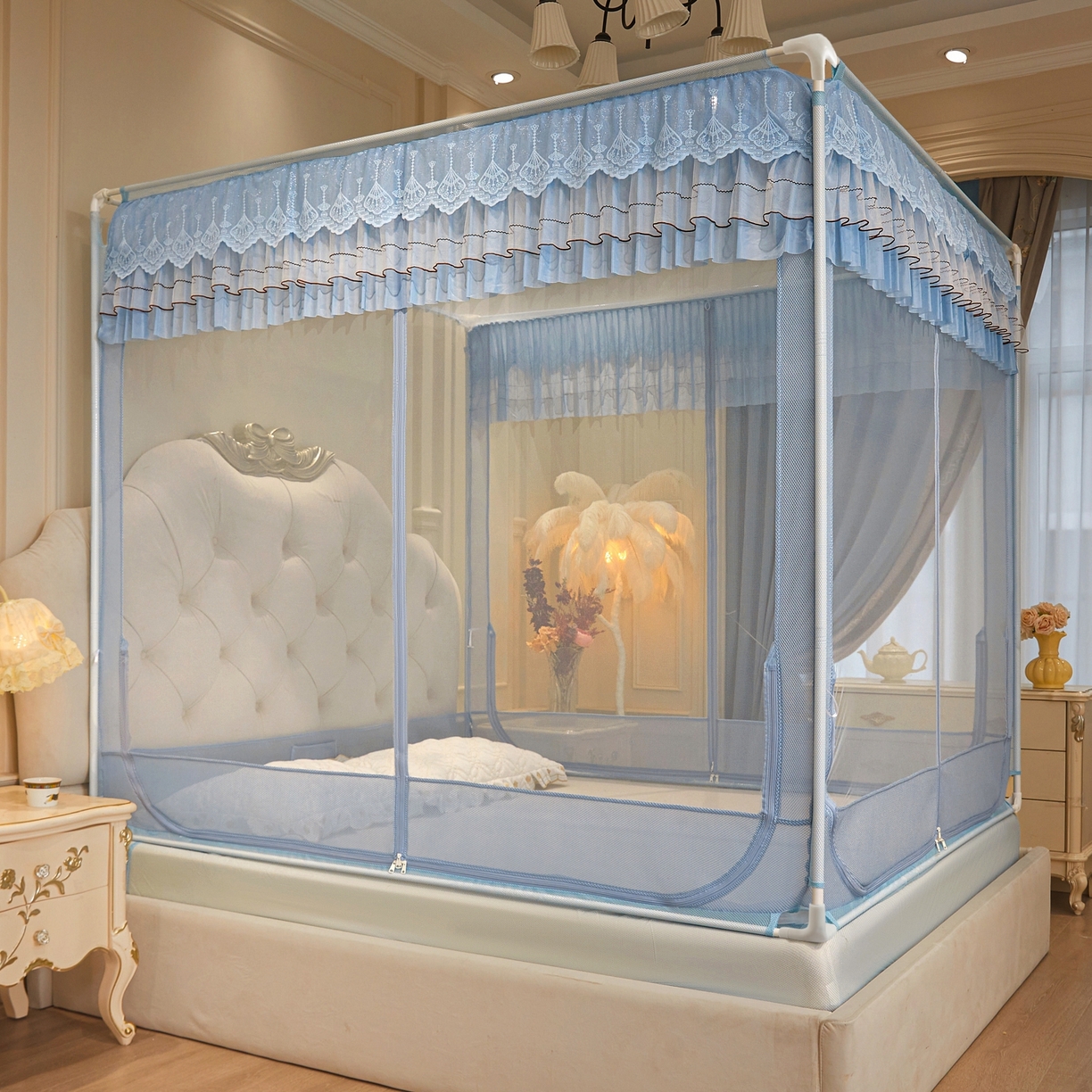 91家纺网 家纺一手货源 找家纺 （总）艺利轩蚊帐 2026新款双层花边三开门坐床蚊帐