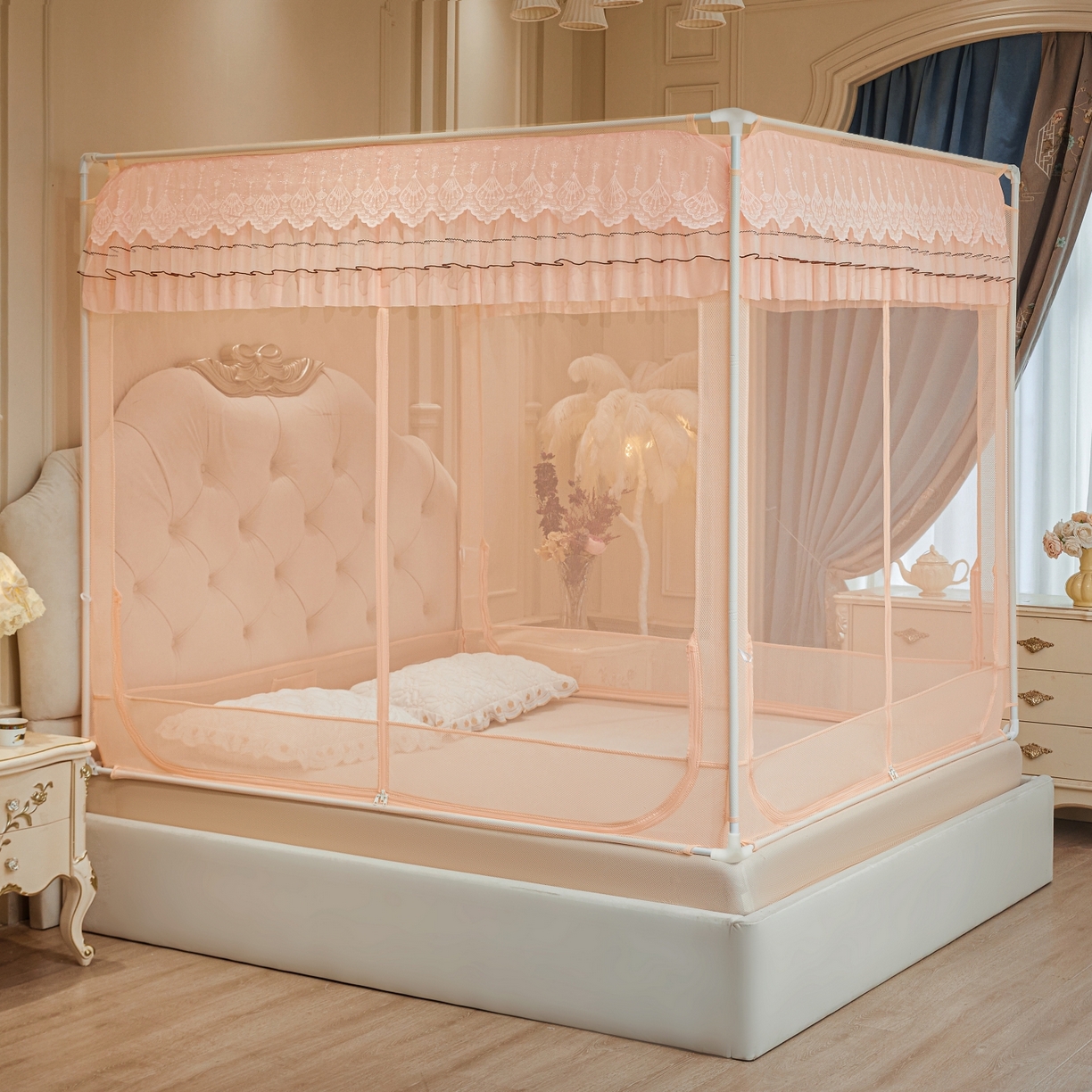 91家纺网 家纺一手货源 找家纺 （总）艺利轩蚊帐 2026新款双层花边三开门坐床蚊帐