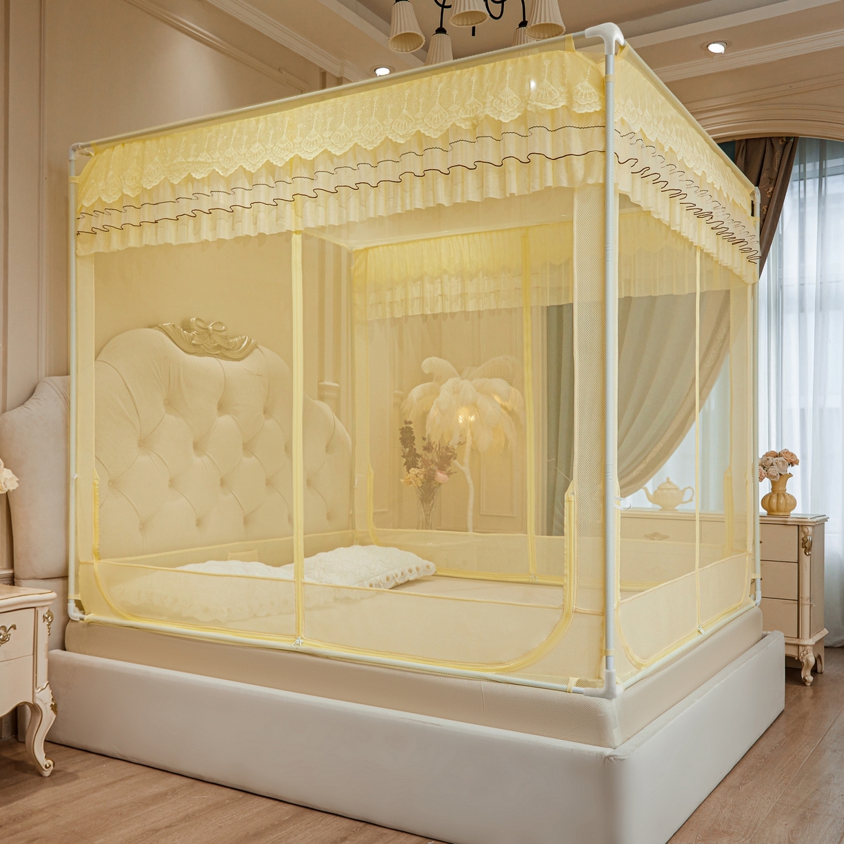 91家纺网 家纺一手货源 找家纺 （总）艺利轩蚊帐 2026新款双层花边三开门坐床蚊帐