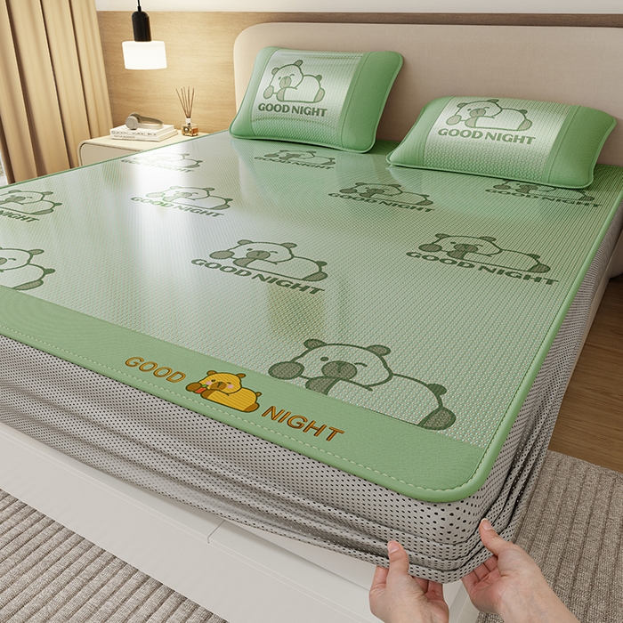 福来临家纺 2026新款卡皮巴拉小熊款冰藤刺绣凉感席席子凉席-床笠款 冰藤卡皮巴拉-绿-床笠款