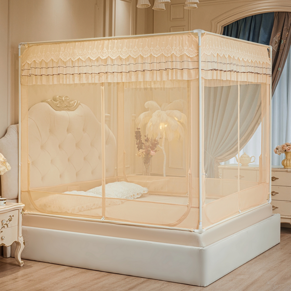 91家纺网 家纺一手货源 找家纺 （总）艺利轩蚊帐 2026新款双层花边三开门坐床蚊帐