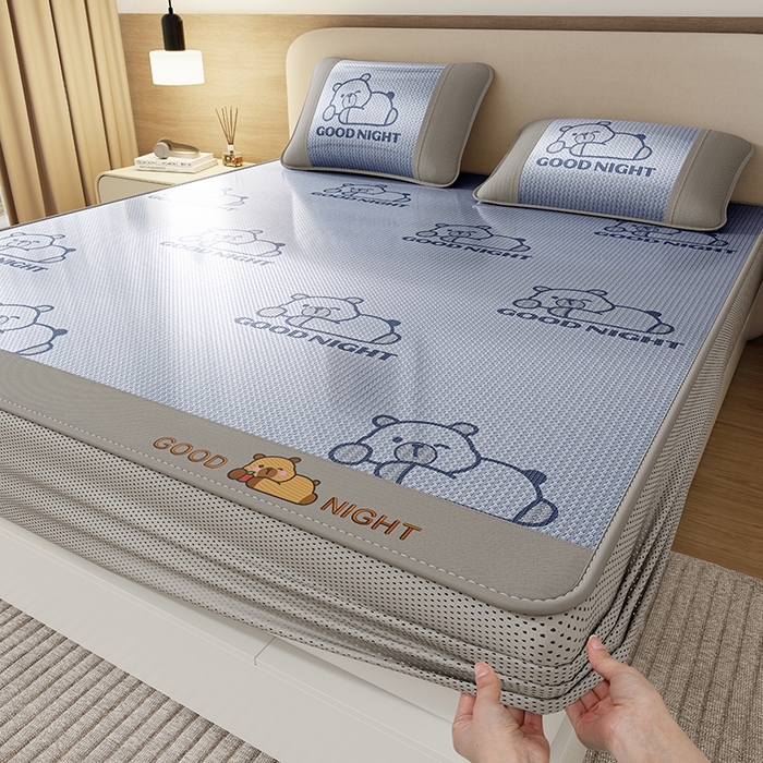 福来临家纺 2026新款卡皮巴拉小熊款冰藤刺绣凉感席席子凉席-床笠款 冰藤卡皮巴拉-蓝--床笠款