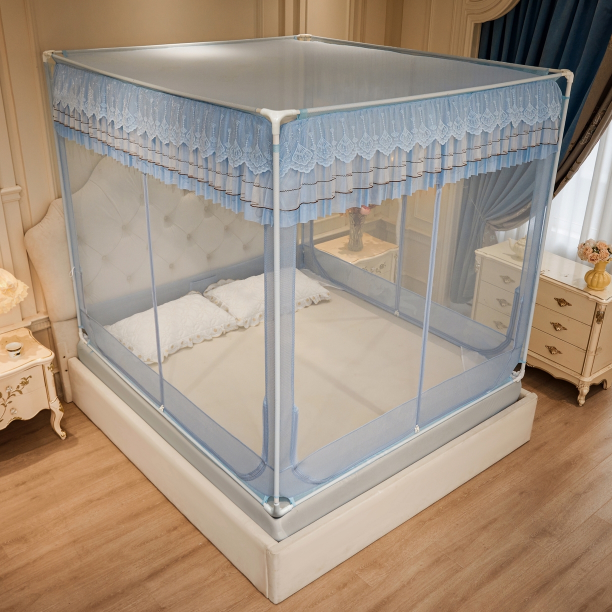 91家纺网 家纺一手货源 找家纺 （总）艺利轩蚊帐 2026新款双层花边三开门坐床蚊帐