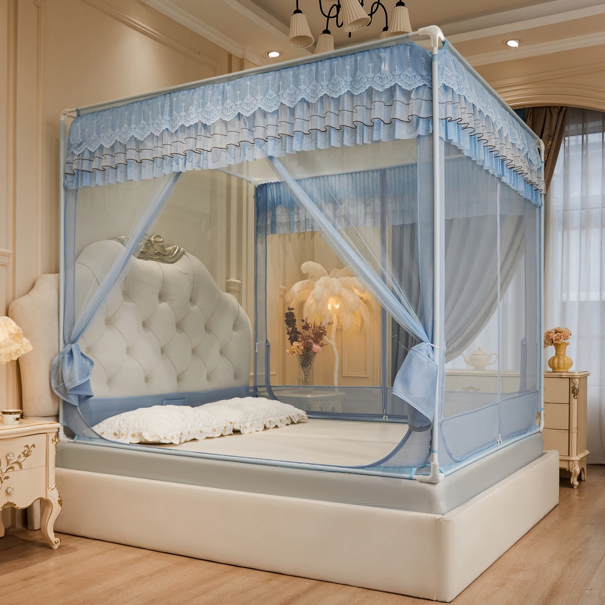 91家纺网 家纺一手货源 找家纺 （总）艺利轩蚊帐 2026新款双层花边三开门坐床蚊帐