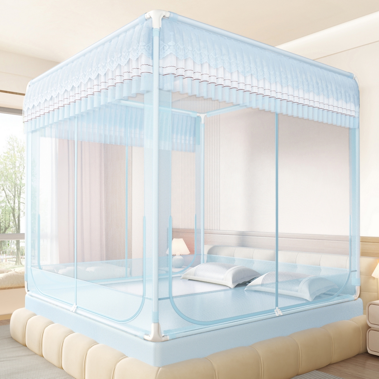 91家纺网 家纺一手货源 找家纺 艺利轩蚊帐 2026新款双层花边三开门坐床蚊帐 浅海之梦-蓝色