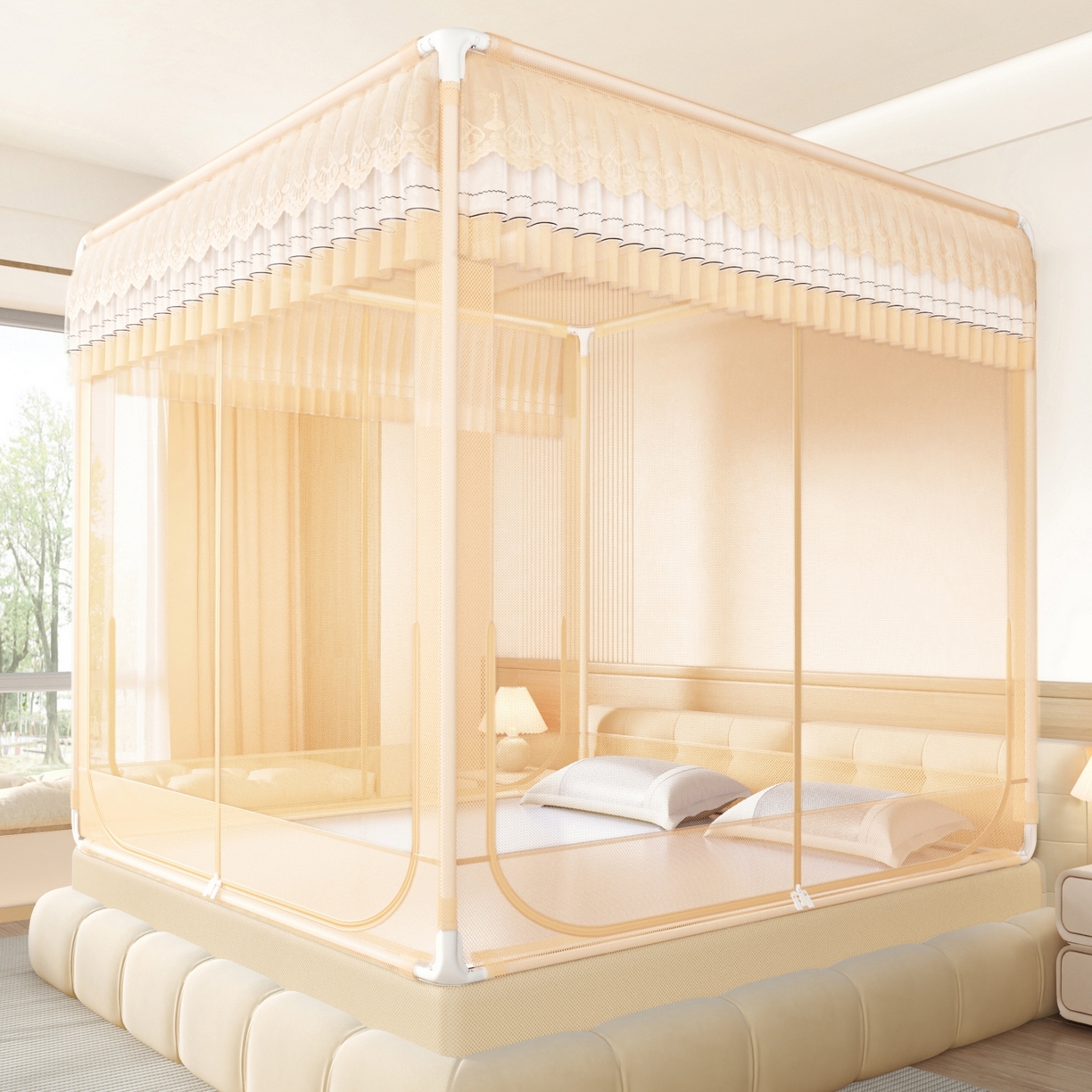 91家纺网 家纺一手货源 找家纺 艺利轩蚊帐 2026新款双层花边三开门坐床蚊帐 浅海之梦-香槟色