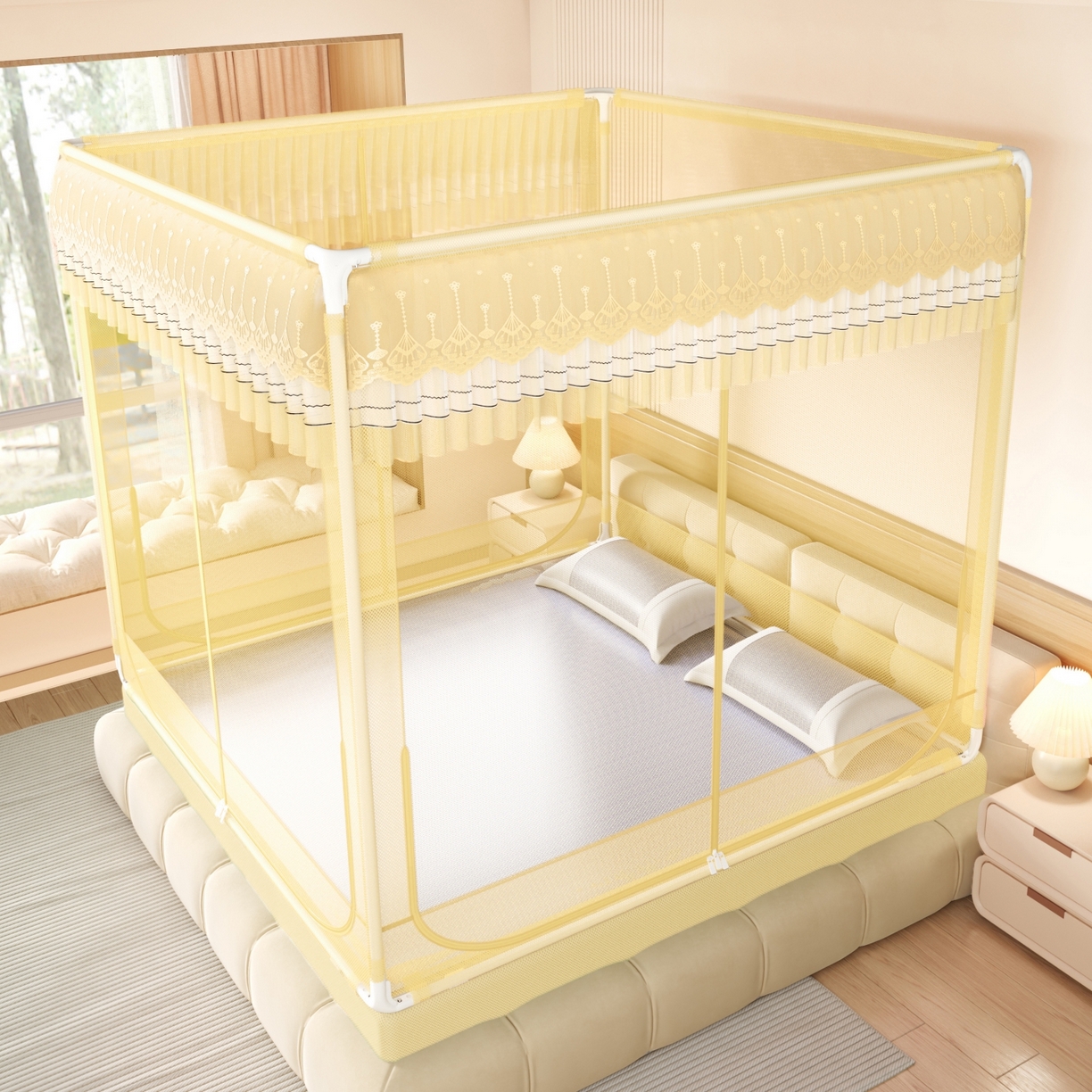 91家纺网 家纺一手货源 找家纺 艺利轩蚊帐 2026新款双层花边三开门坐床蚊帐 浅海之梦-柠檬黄