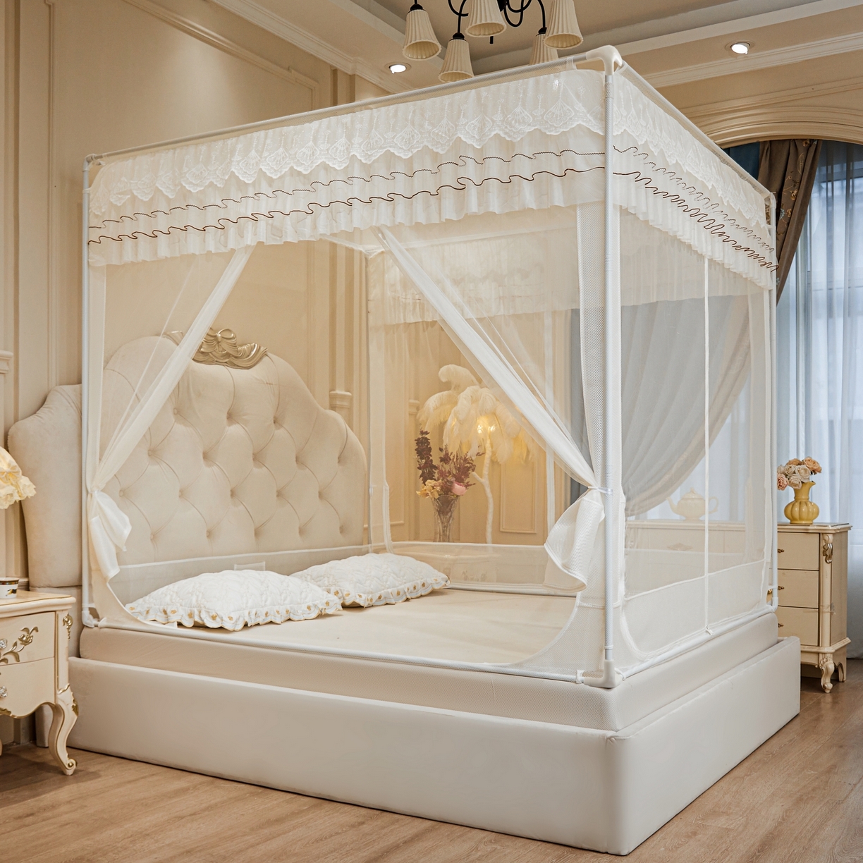 91家纺网 家纺一手货源 找家纺 艺利轩蚊帐 2026新款双层花边三开门坐床蚊帐 浅海之梦-优雅白