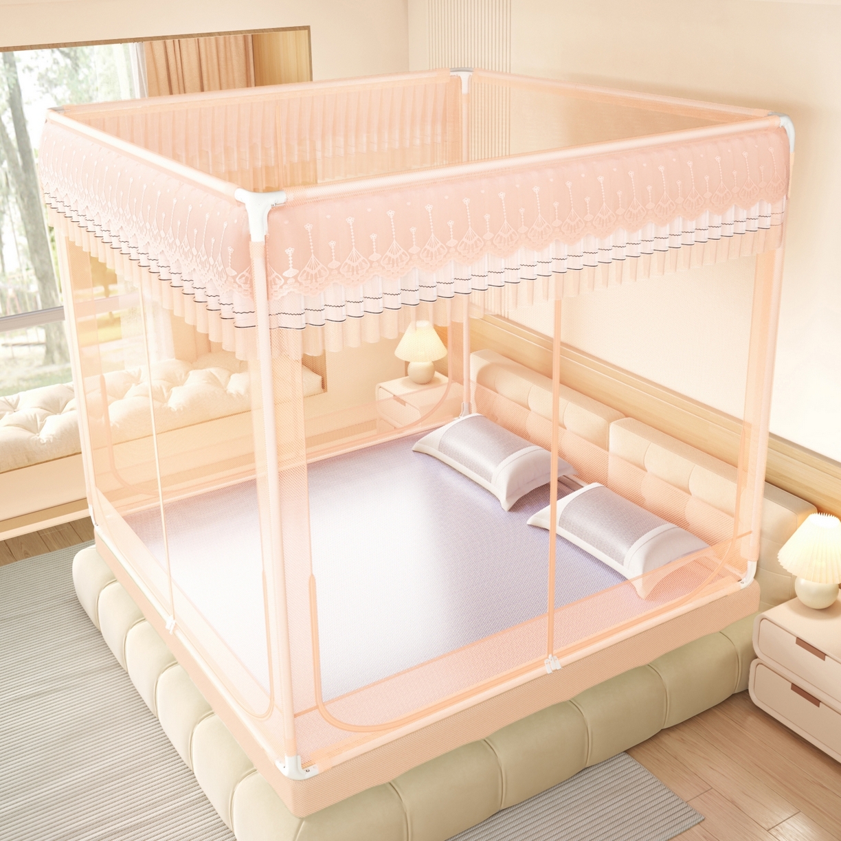 91家纺网 家纺一手货源 找家纺 艺利轩蚊帐 2026新款双层花边三开门坐床蚊帐 浅海之梦-玉色