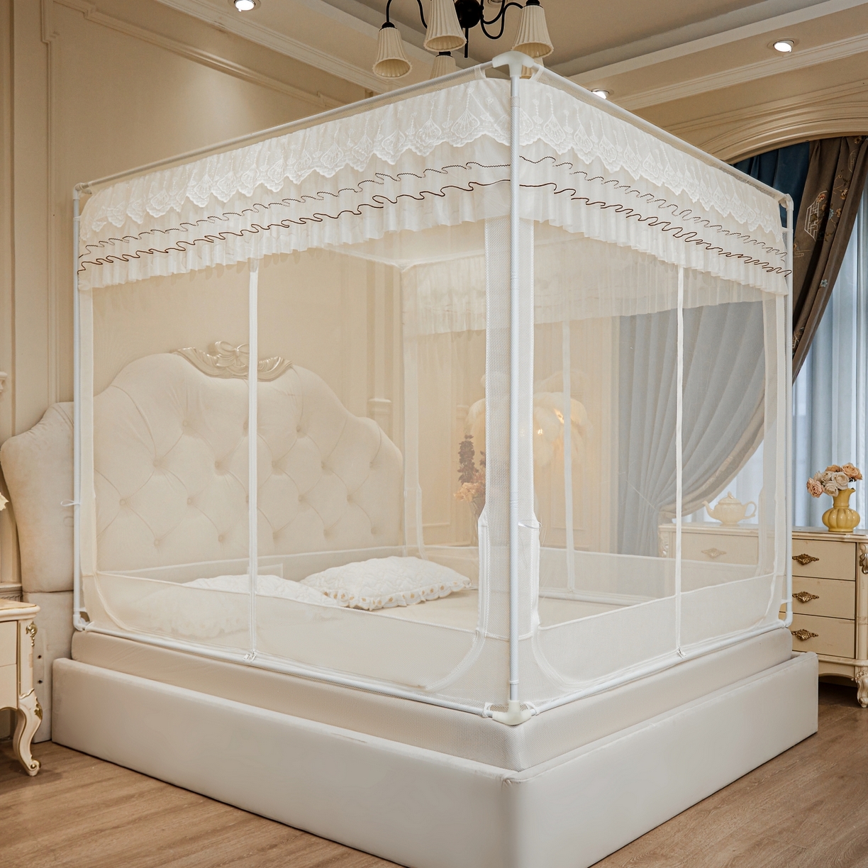 91家纺网 家纺一手货源 找家纺 艺利轩蚊帐 2026新款双层花边三开门坐床蚊帐 浅海之梦-优雅白