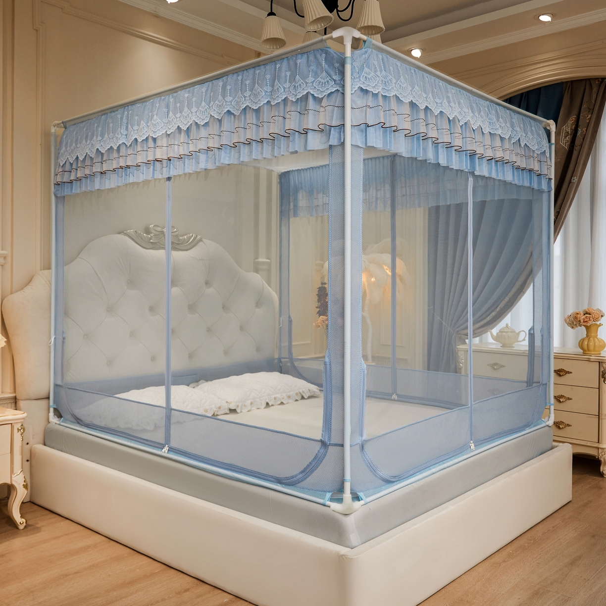 91家纺网 家纺一手货源 找家纺 艺利轩蚊帐 2026新款双层花边三开门坐床蚊帐 浅海之梦-蓝色
