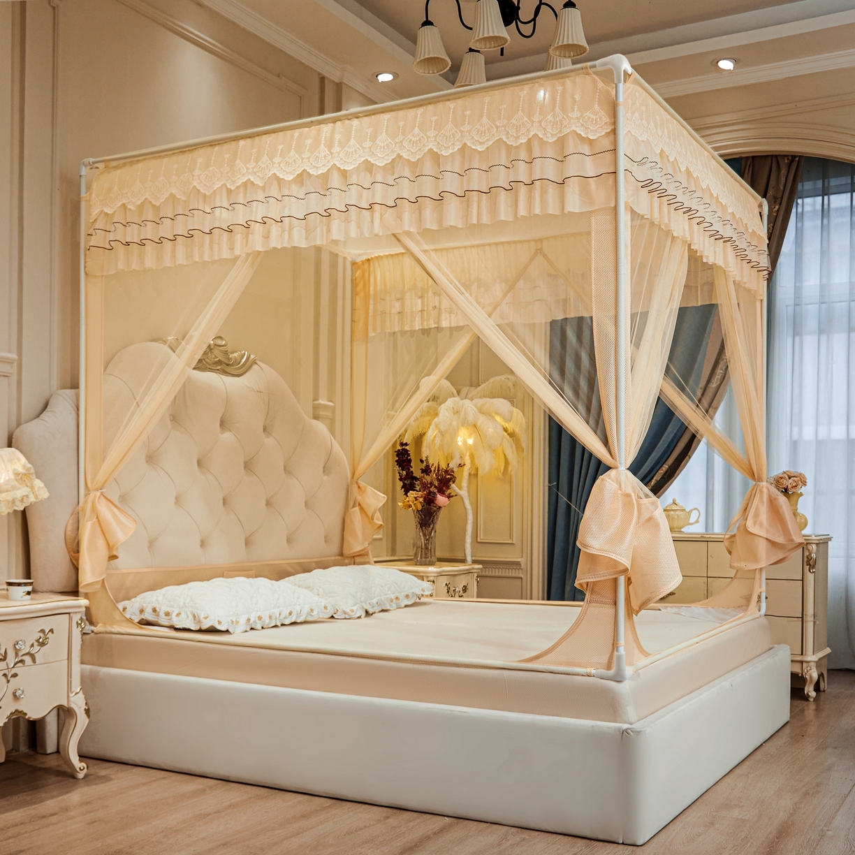 91家纺网 家纺一手货源 找家纺 艺利轩蚊帐 2026新款双层花边三开门坐床蚊帐 浅海之梦-香槟色