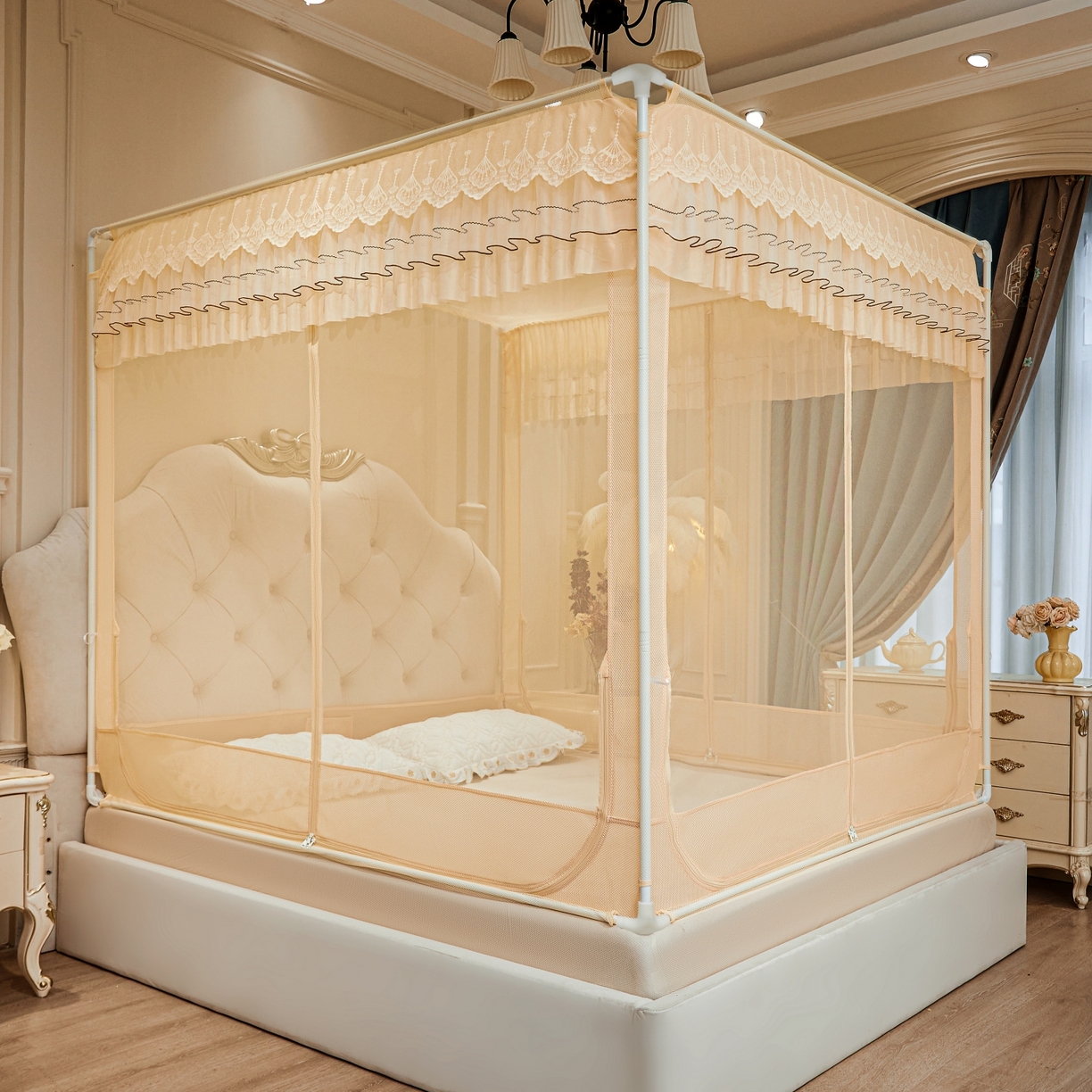 91家纺网 家纺一手货源 找家纺 艺利轩蚊帐 2026新款双层花边三开门坐床蚊帐 浅海之梦-香槟色