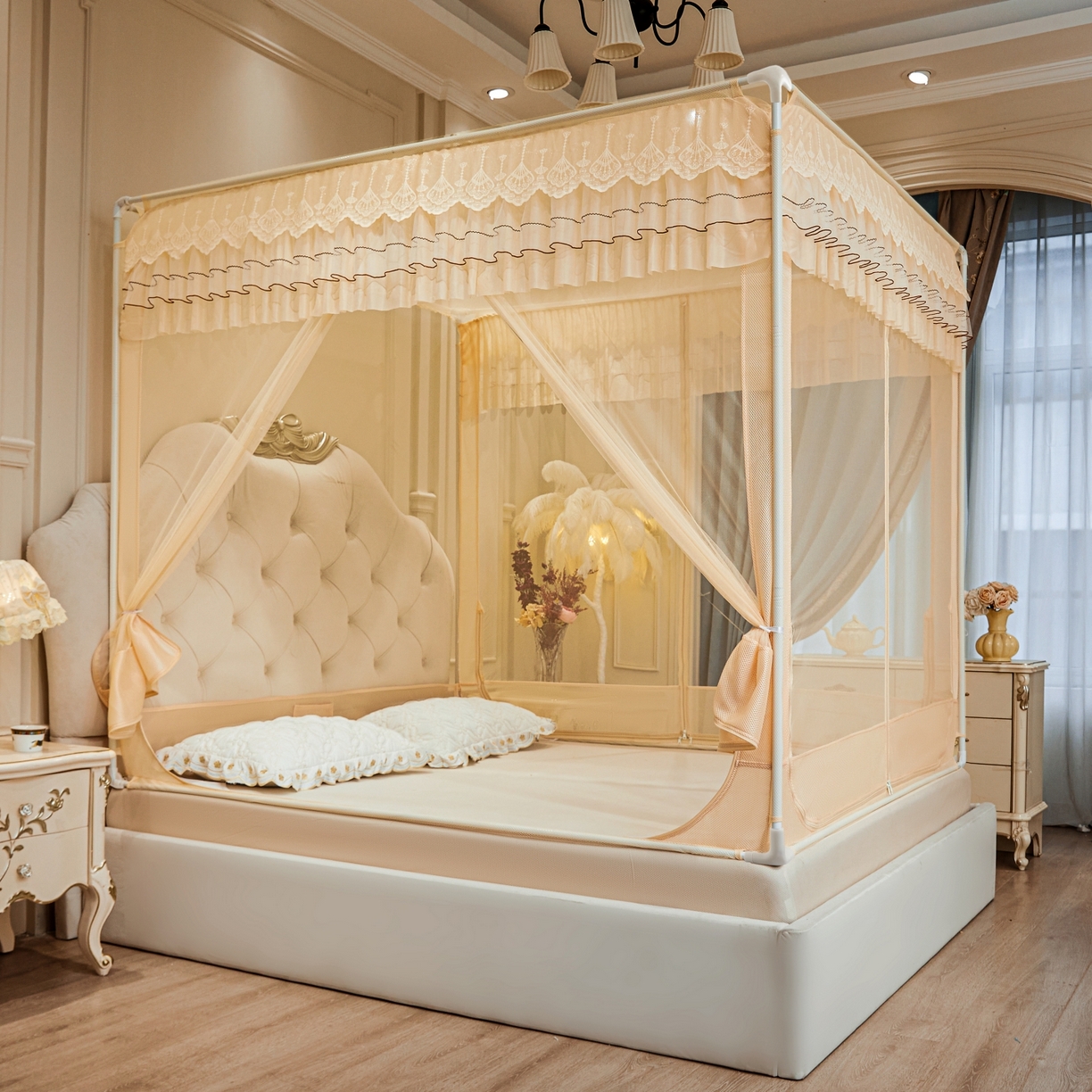 91家纺网 家纺一手货源 找家纺 艺利轩蚊帐 2026新款双层花边三开门坐床蚊帐 浅海之梦-香槟色